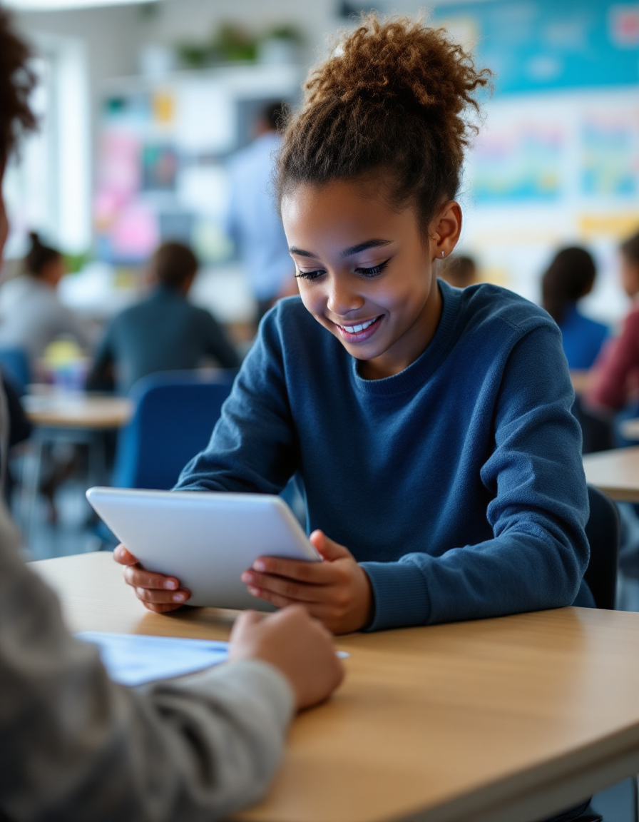 Student using AI-powered tablet in a learning environment